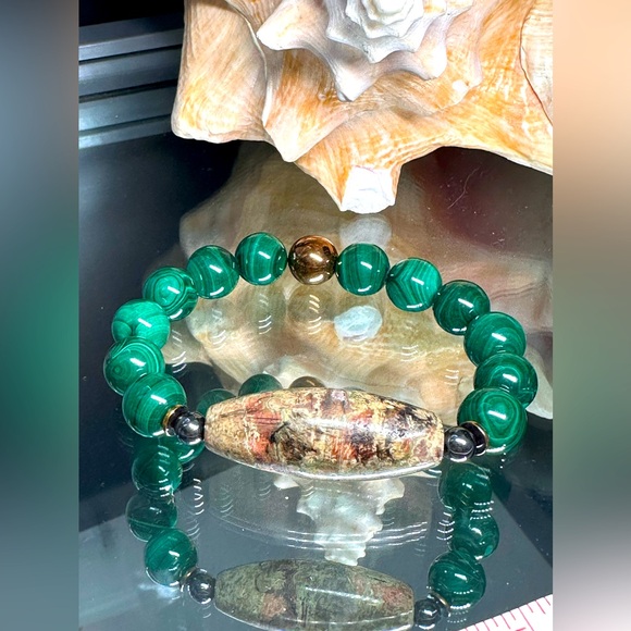 MALACHITE + UNIQUE JASPER NATURAL BRACELET size 7 - Picture 2 of 11